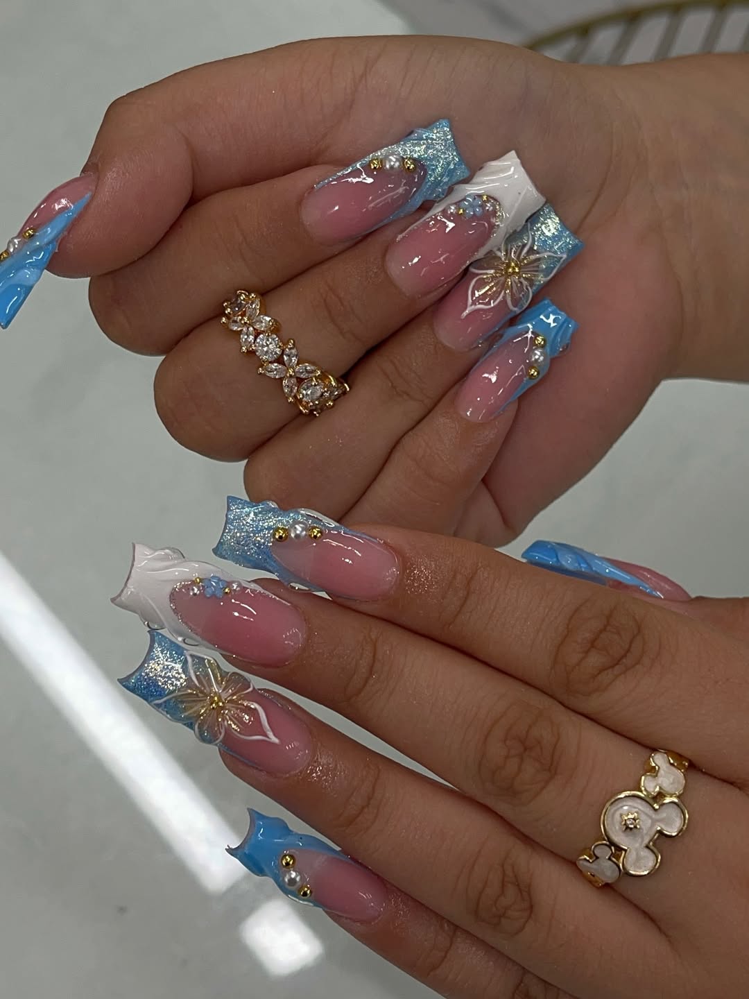 Shimmery Blue and White Floral Tips