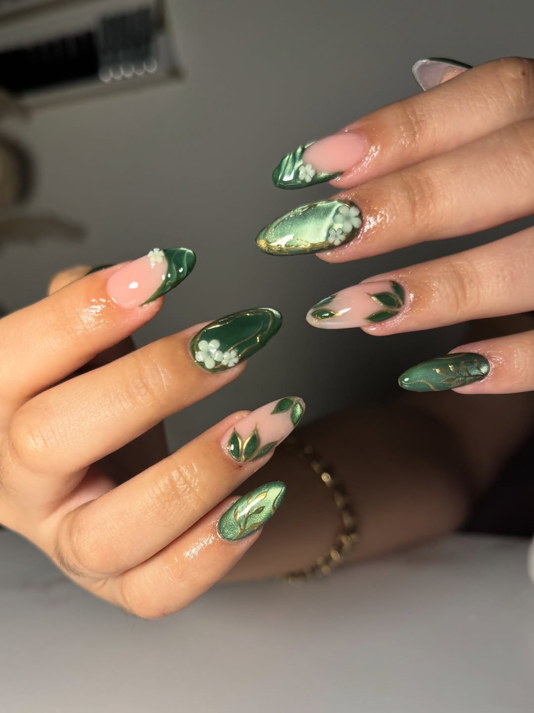 Shimmery Green Botanical Almond Nails