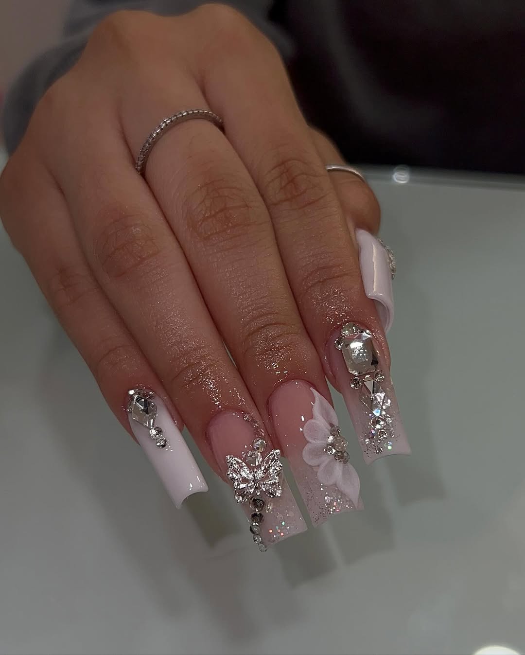 Silver Butterfly and Crystal Square Nails