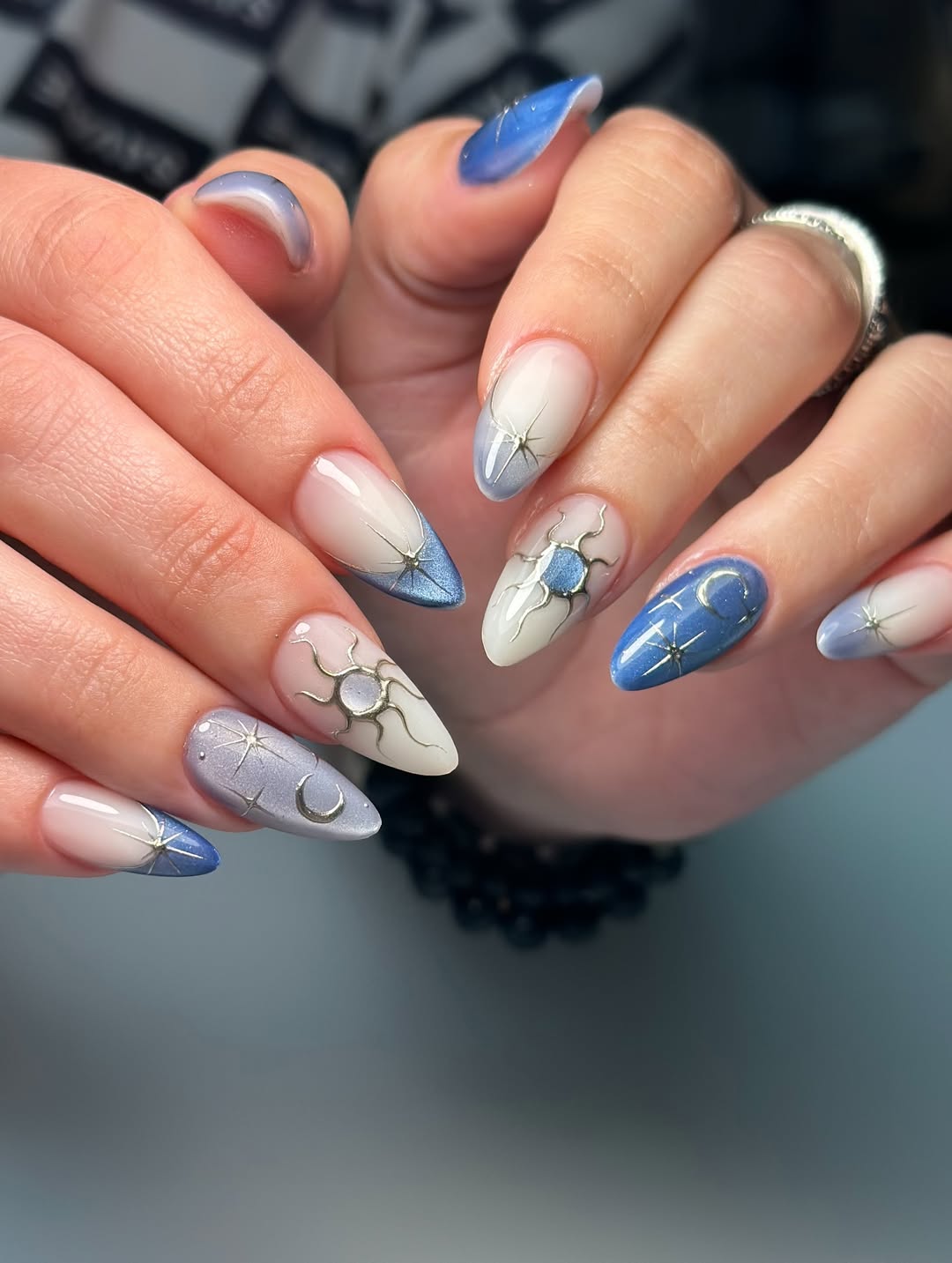 Silver Celestial Sun and Moon Nails