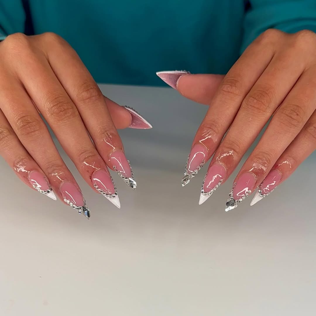 Silver Rhinestone Bordered Stiletto Nails