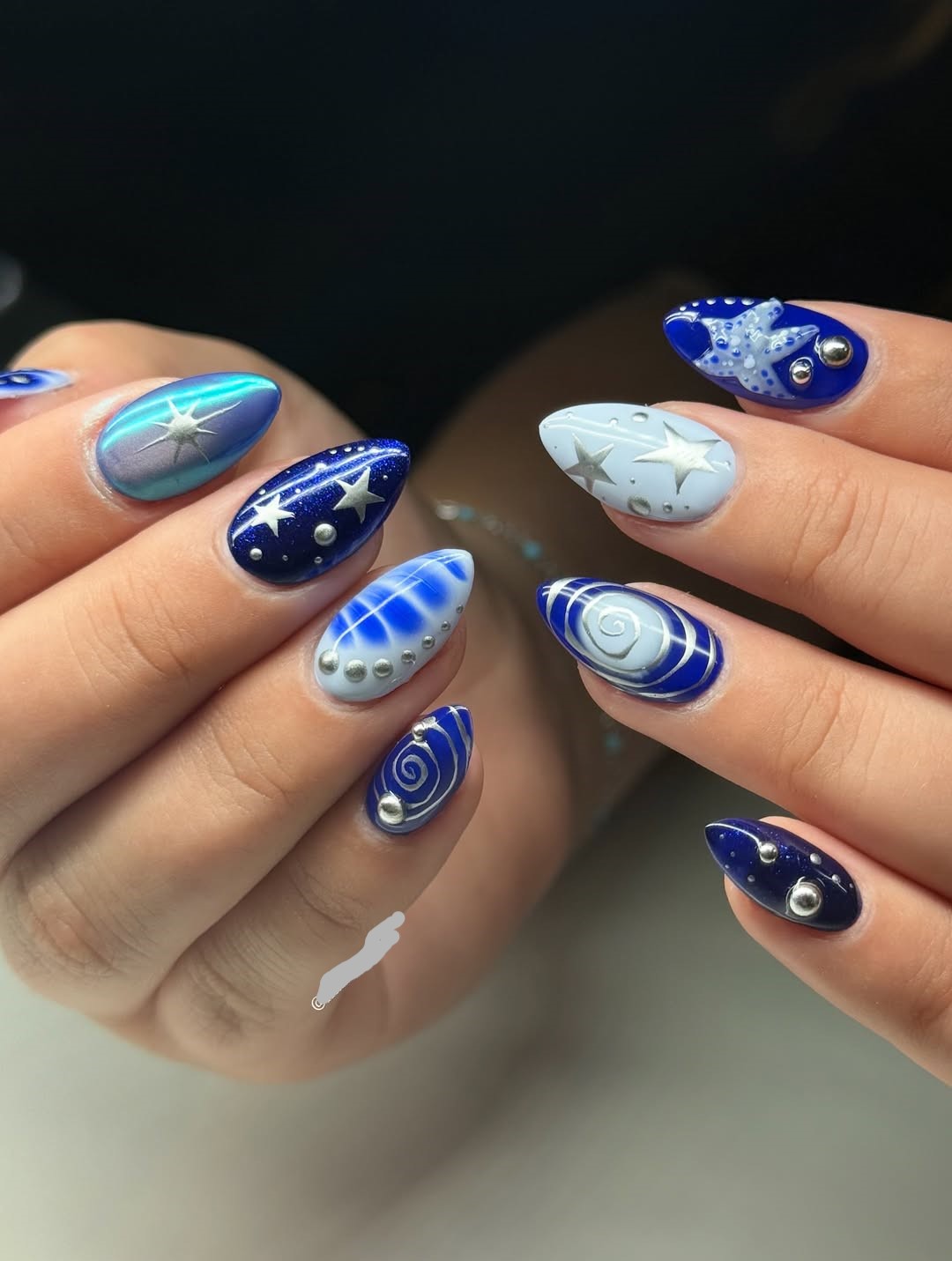 Silver and Blue Mixed Art Nails
