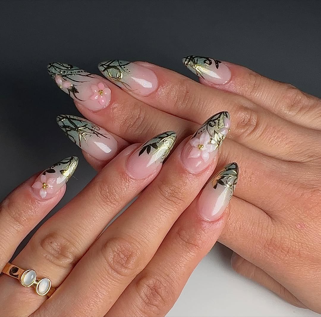 Silvery Green Tips and Pink Flowers