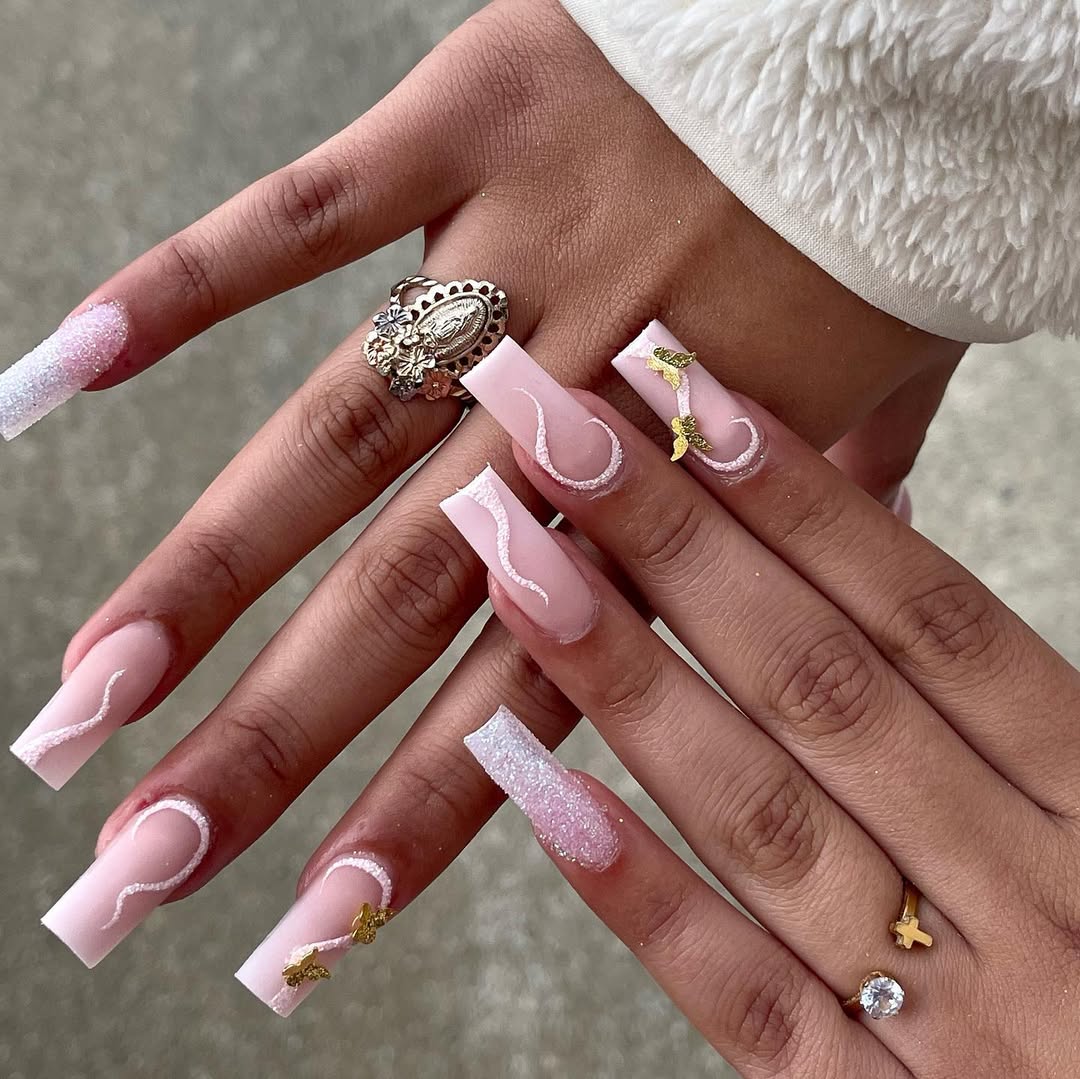 Soft Pink Square Nails With Gold Butterflies