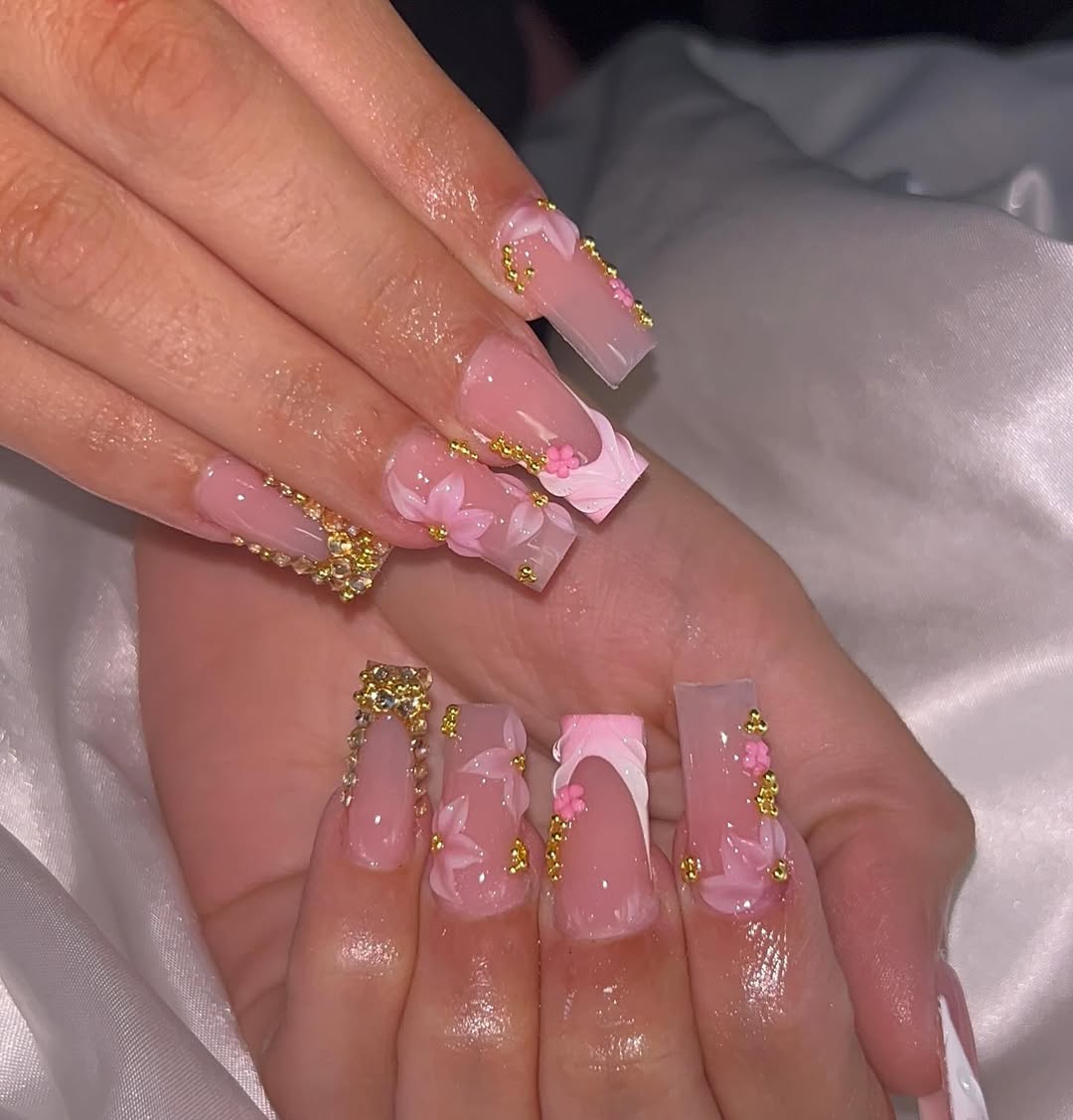 Soft Pink and Gold Embellished Square Nails