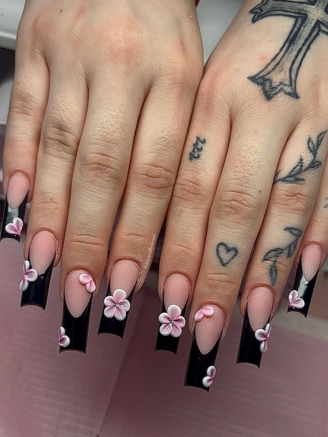 Square French Ends With 3D Blossoms