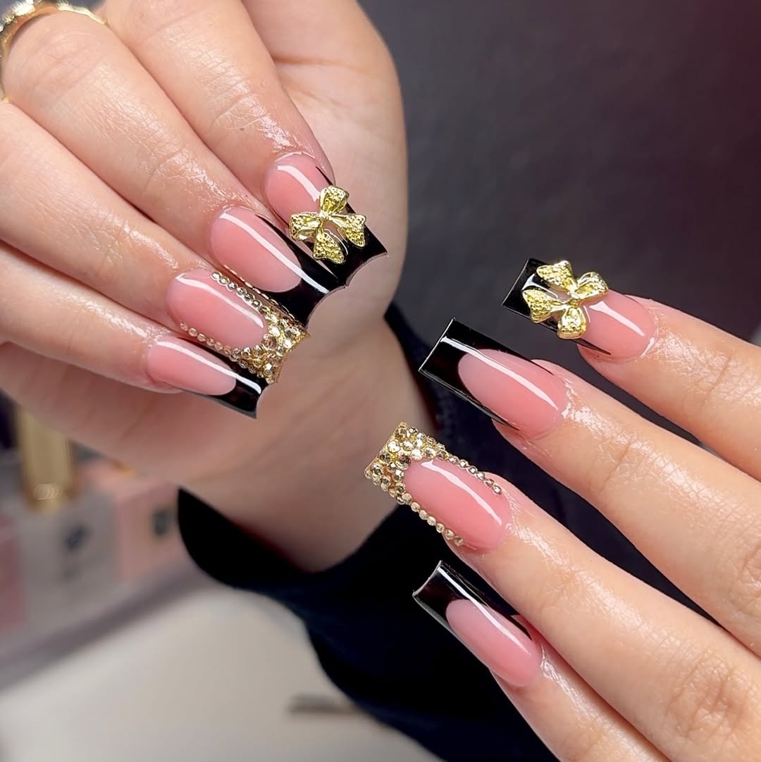 Square French Tips with Golden Bows