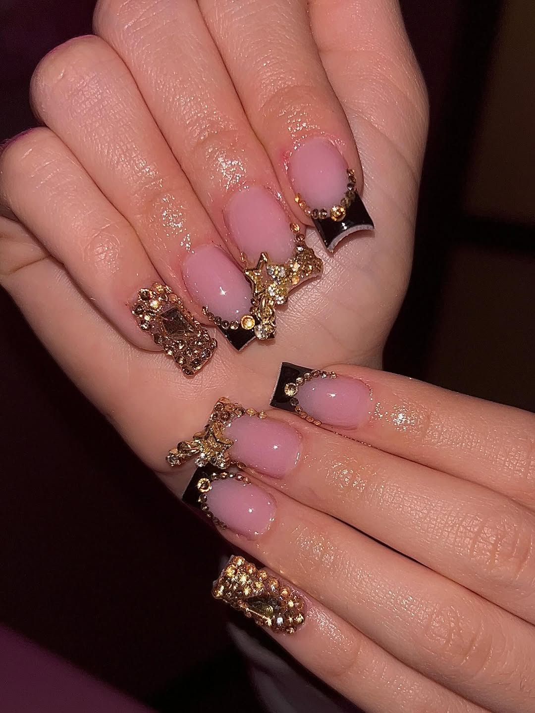 Square Manicure with Heavy Gold Embellishments