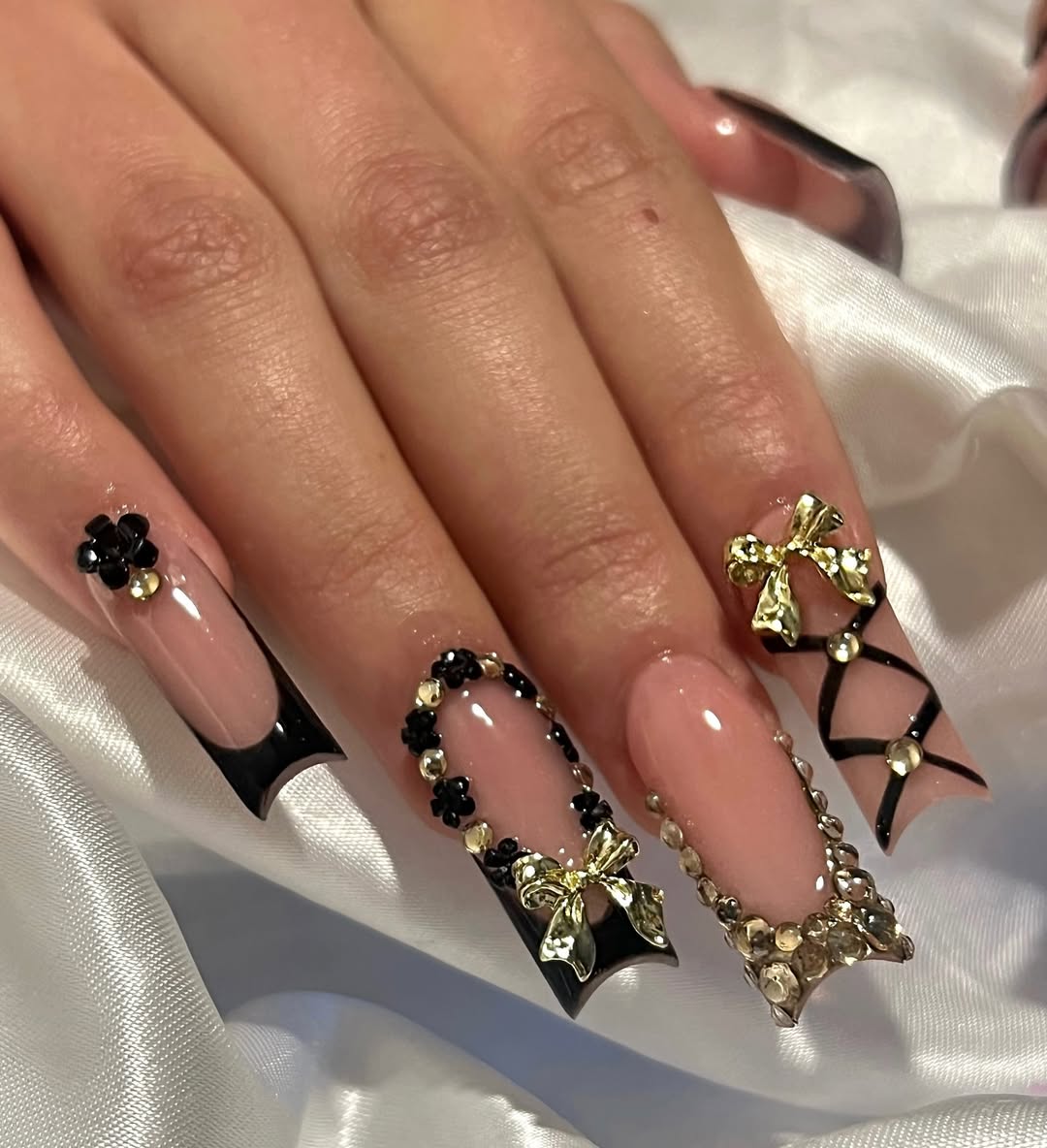 Square Nails with Corset Patterns and Rhinestones