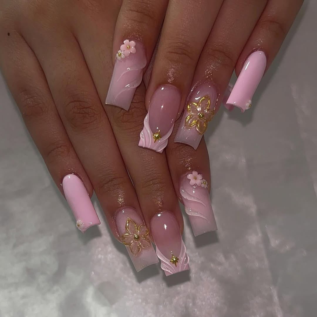 Square Pastel and Gold Floral Nails