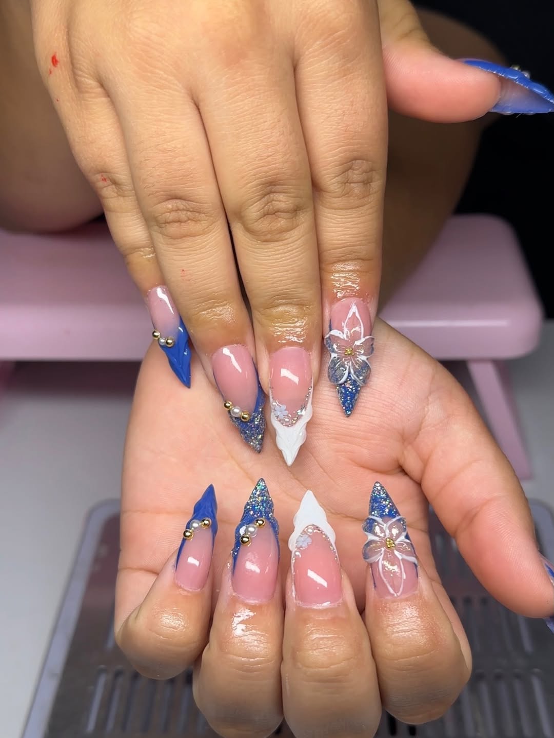 Stiletto Glitter and Transparent Floral Nails
