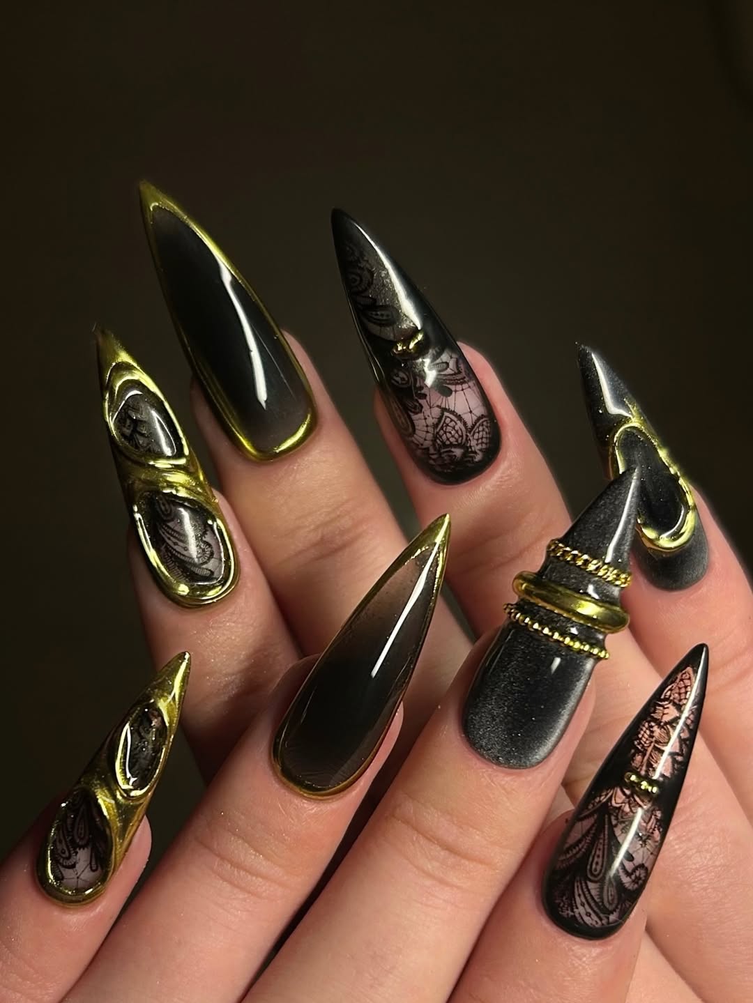 Stiletto Nails with Black Lace and Gold Chains
