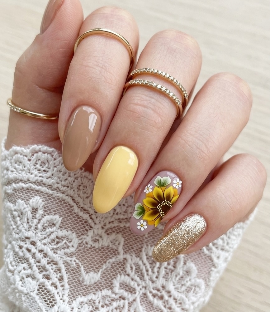 Sunflower Accent with Gold Glitter Nails