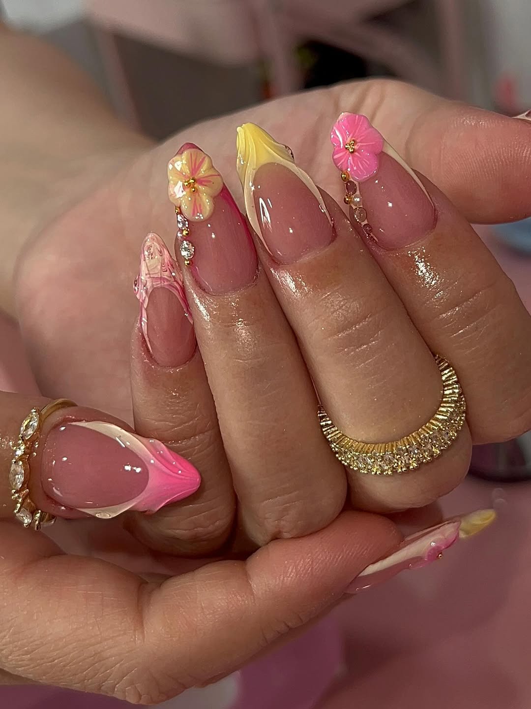 Swirled Pink Tips and 3D Flowers