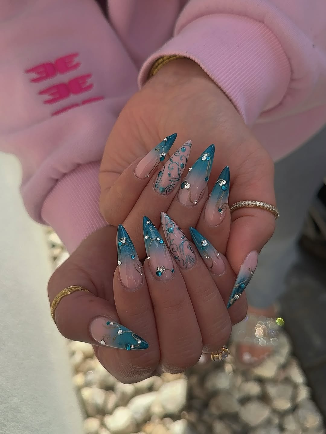 Teal Ombre and Rhinestone Swirls