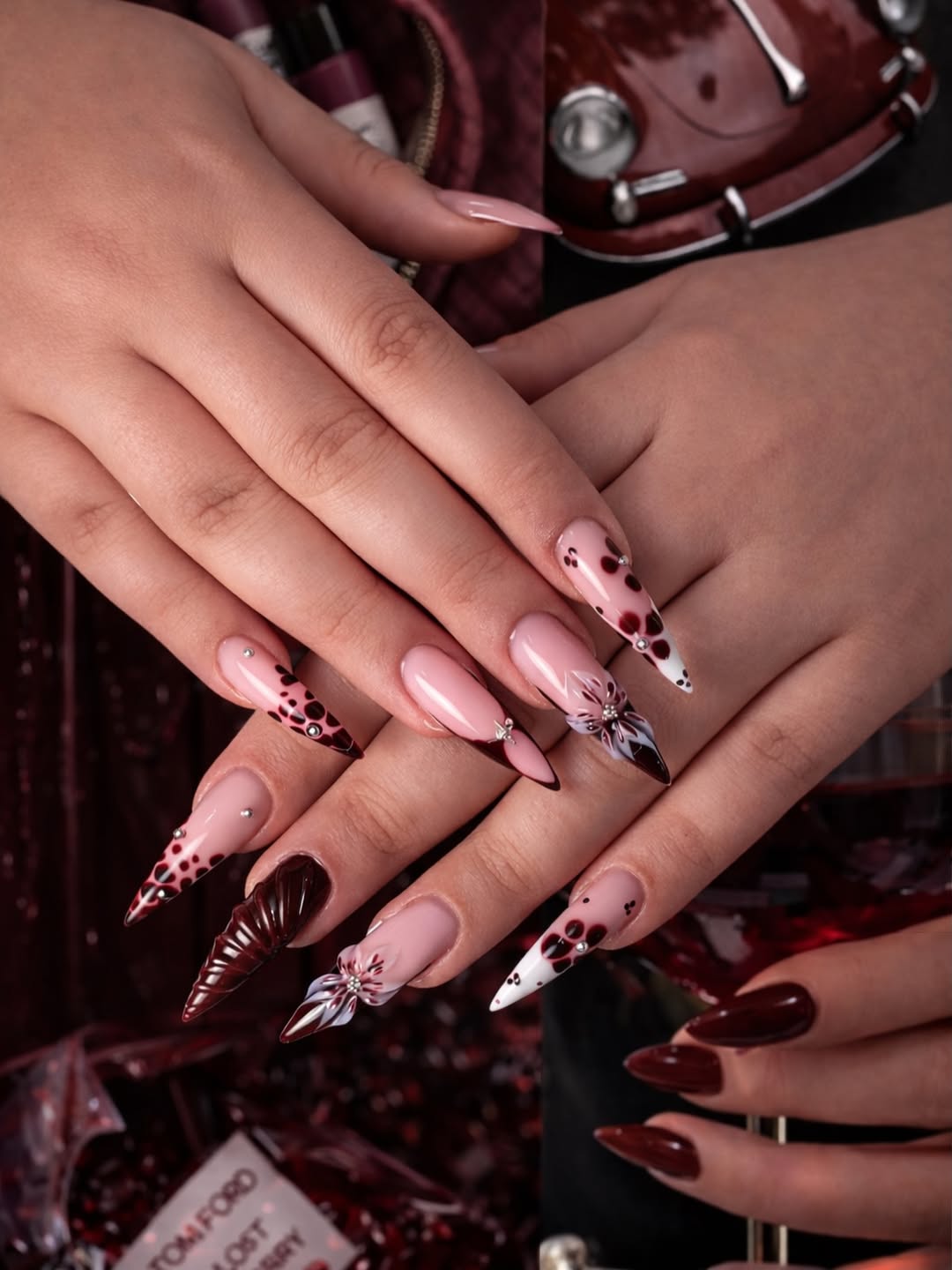 Textured Burgundy and Spotted Tips