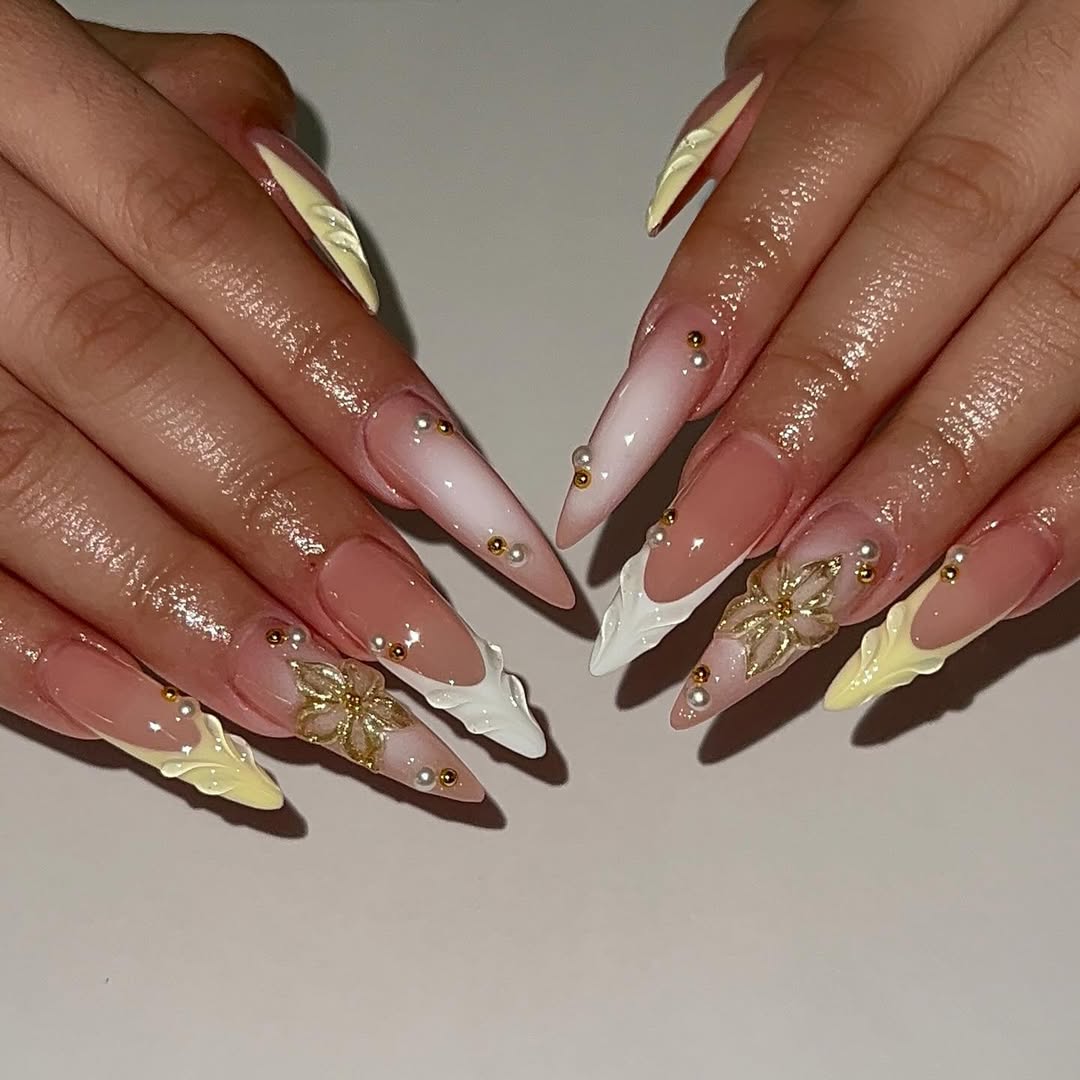 Textured Pale Yellow Tips with Gold Flowers