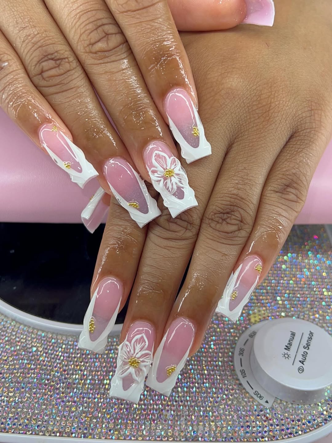 Textured White Tips With Sculpted Flowers
