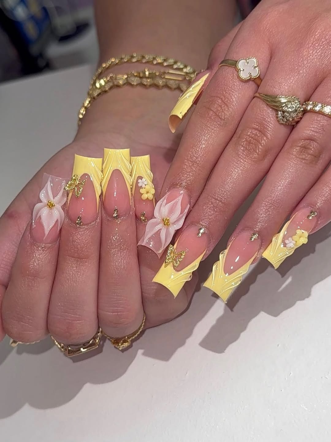 Textured Yellow Floral Square Nails