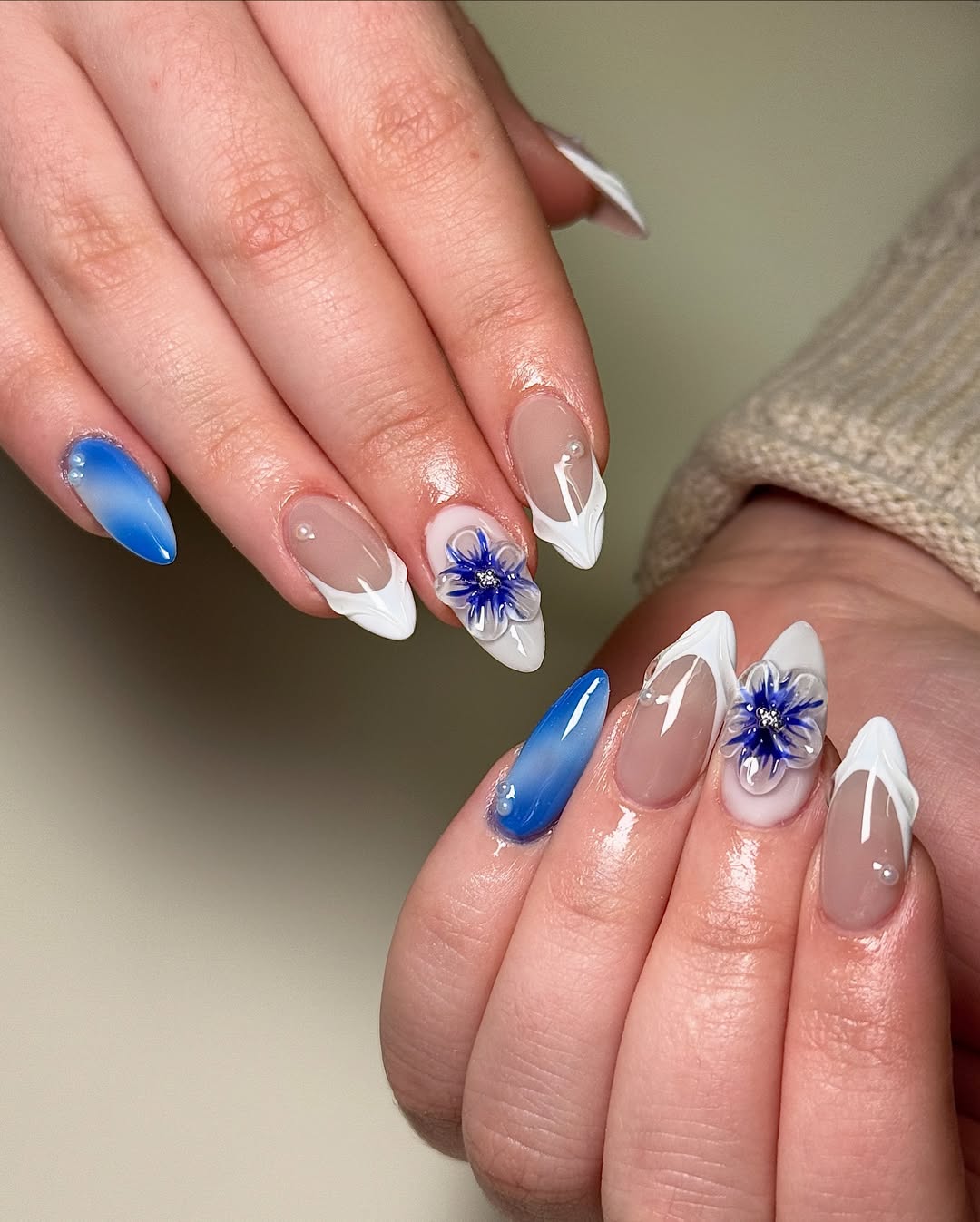 Translucent Blue Floral and Textured French Tips