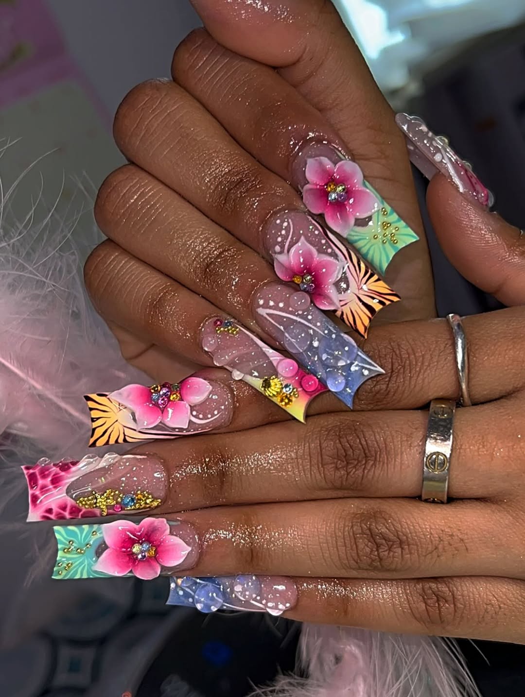 Tropical Mixed Print and Floral Square Nails