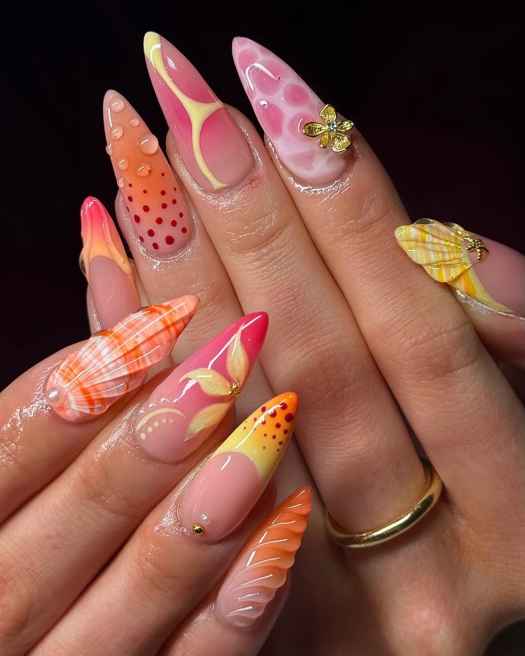 Tropical Sunset Pink and Yellow Marine Nails