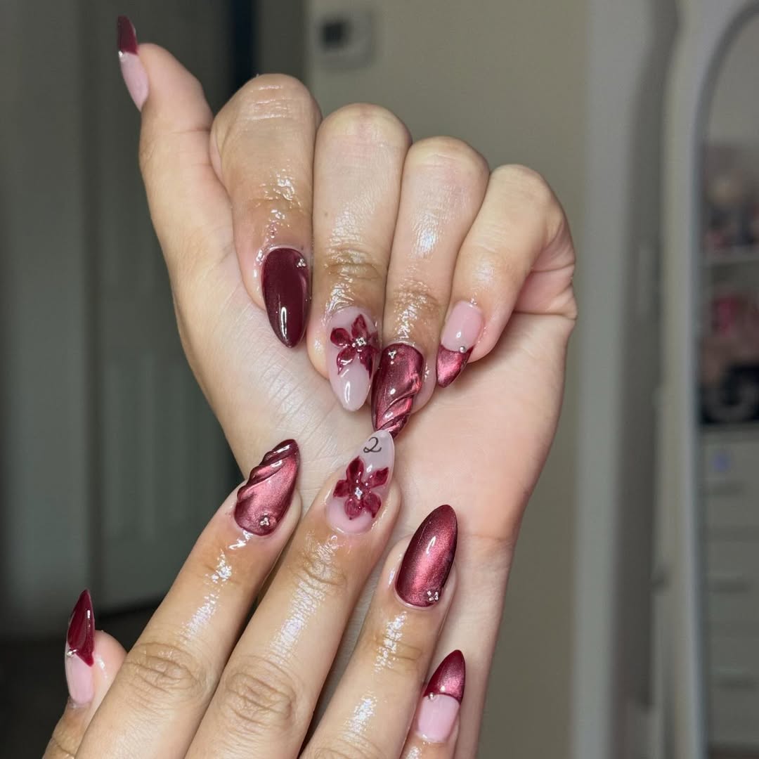 Velvet Red And Sculpted Floral Almonds