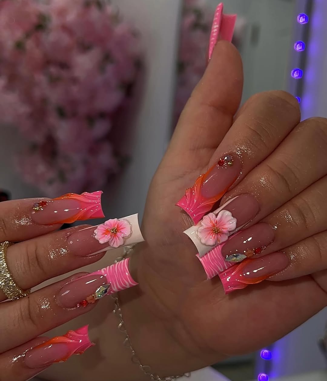 Vibrant Pink Floral and Striped Square Nails