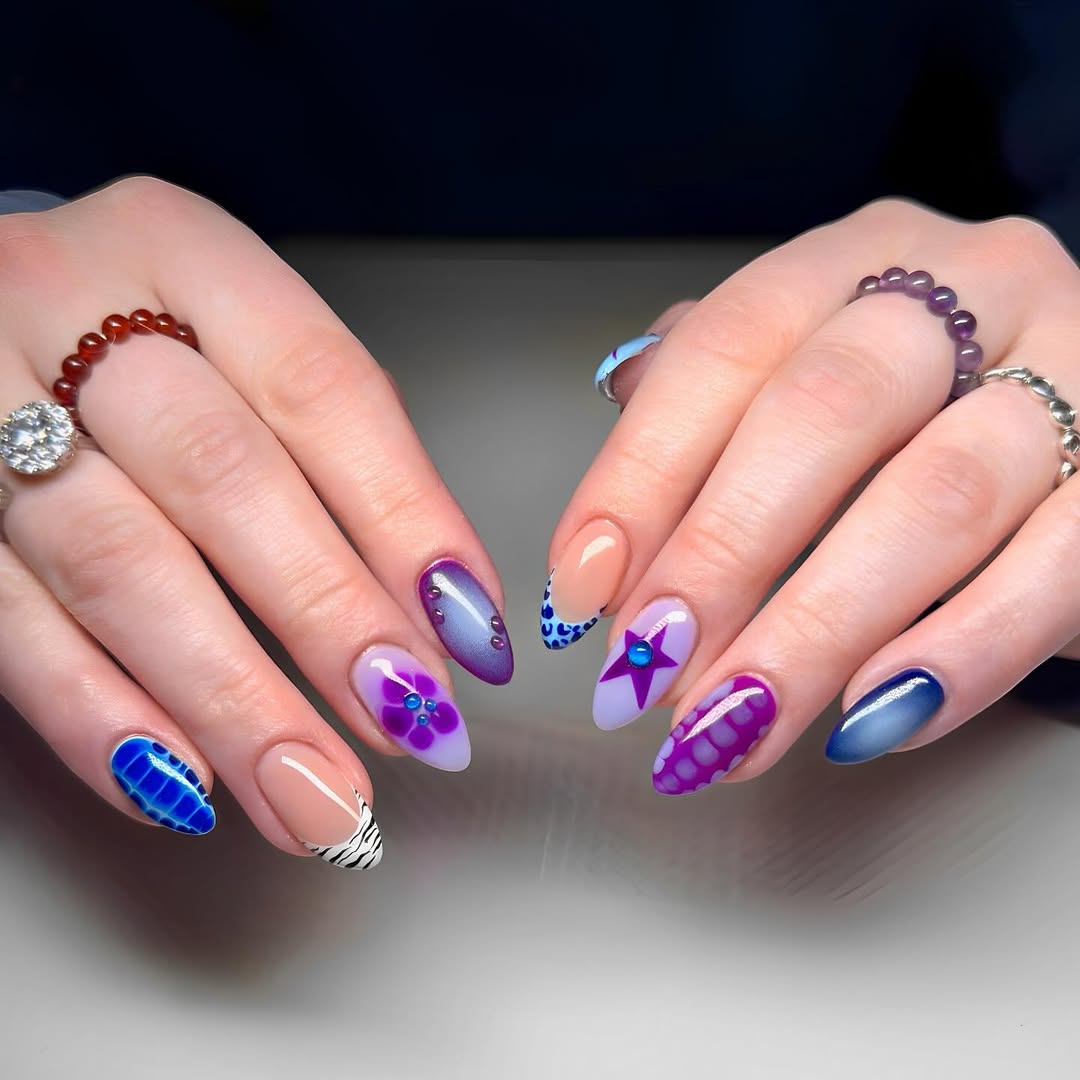Vibrant Purple and Blue Mixed Pattern Nails