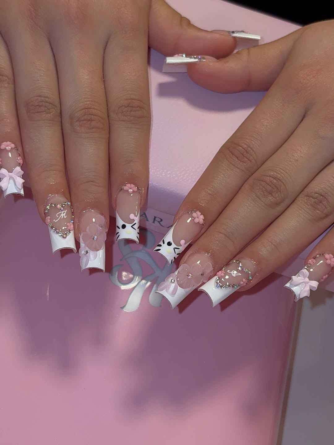 White And Pink Hello Kitty Square Nails