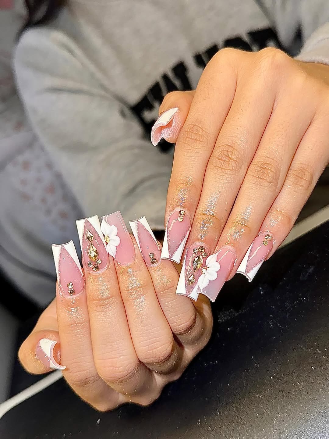 White Floral and Gold Gem Square Nails