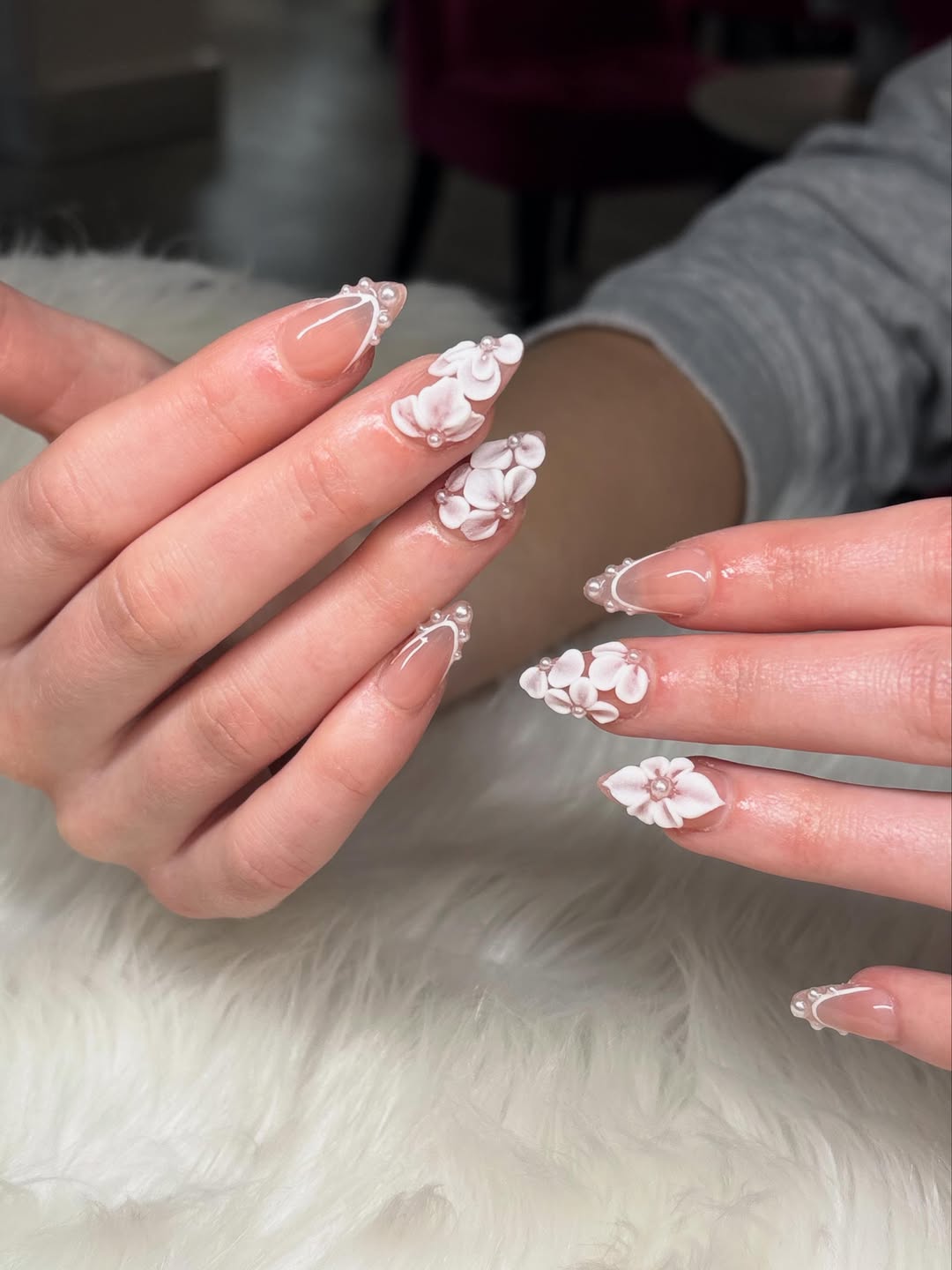 White Floral and Pearl Embellished Nails