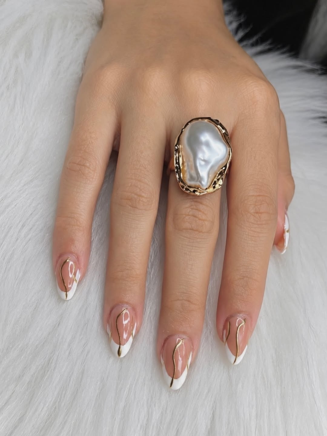 White French Tips With Gold Swirls