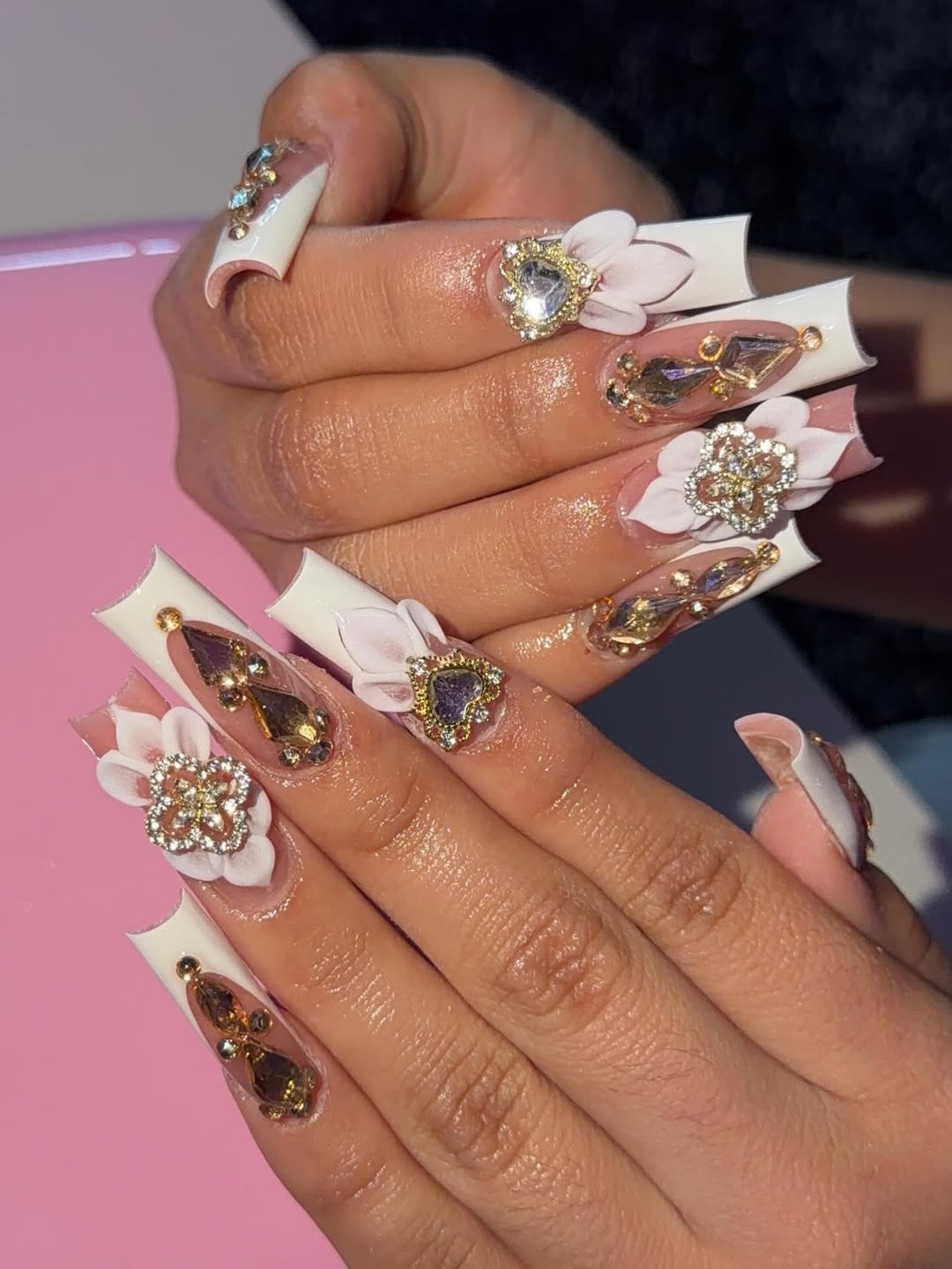 White French Tips with Golden Jewels