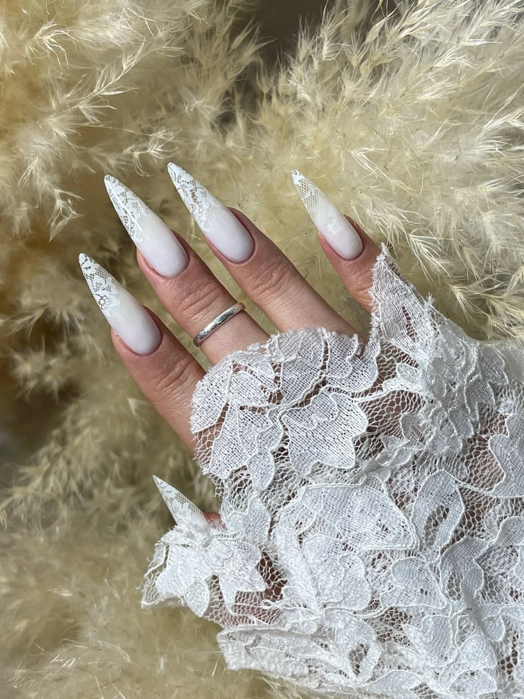 White Lace Stiletto Nails