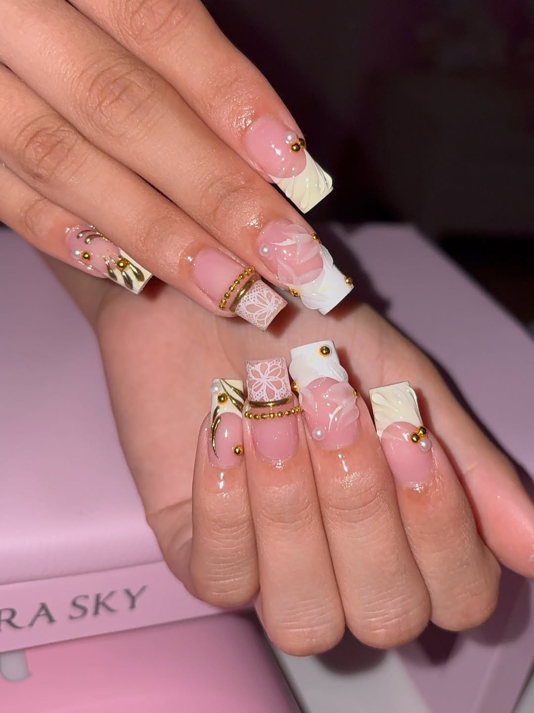 White Lace and Gold Chain Square Nails