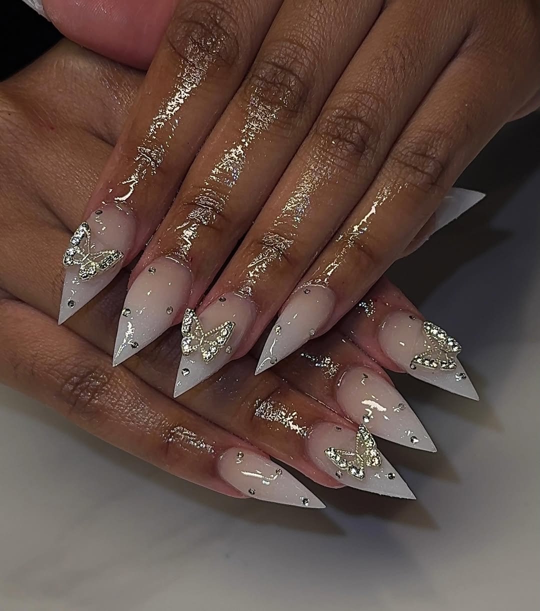 White Ombre Butterfly Stiletto Nails