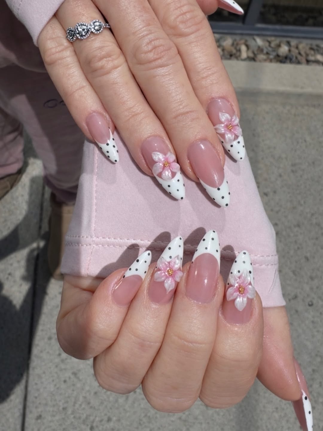 White Polka Dot And 3D Flower Nails