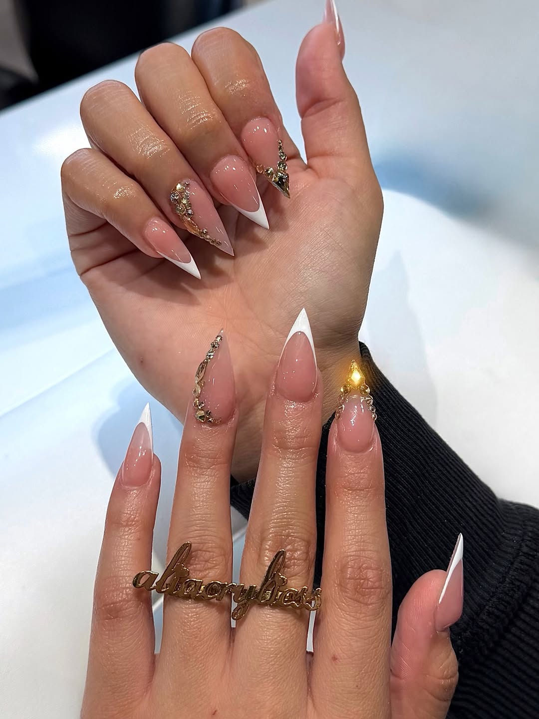 White V Tip Nails With Gold Gems