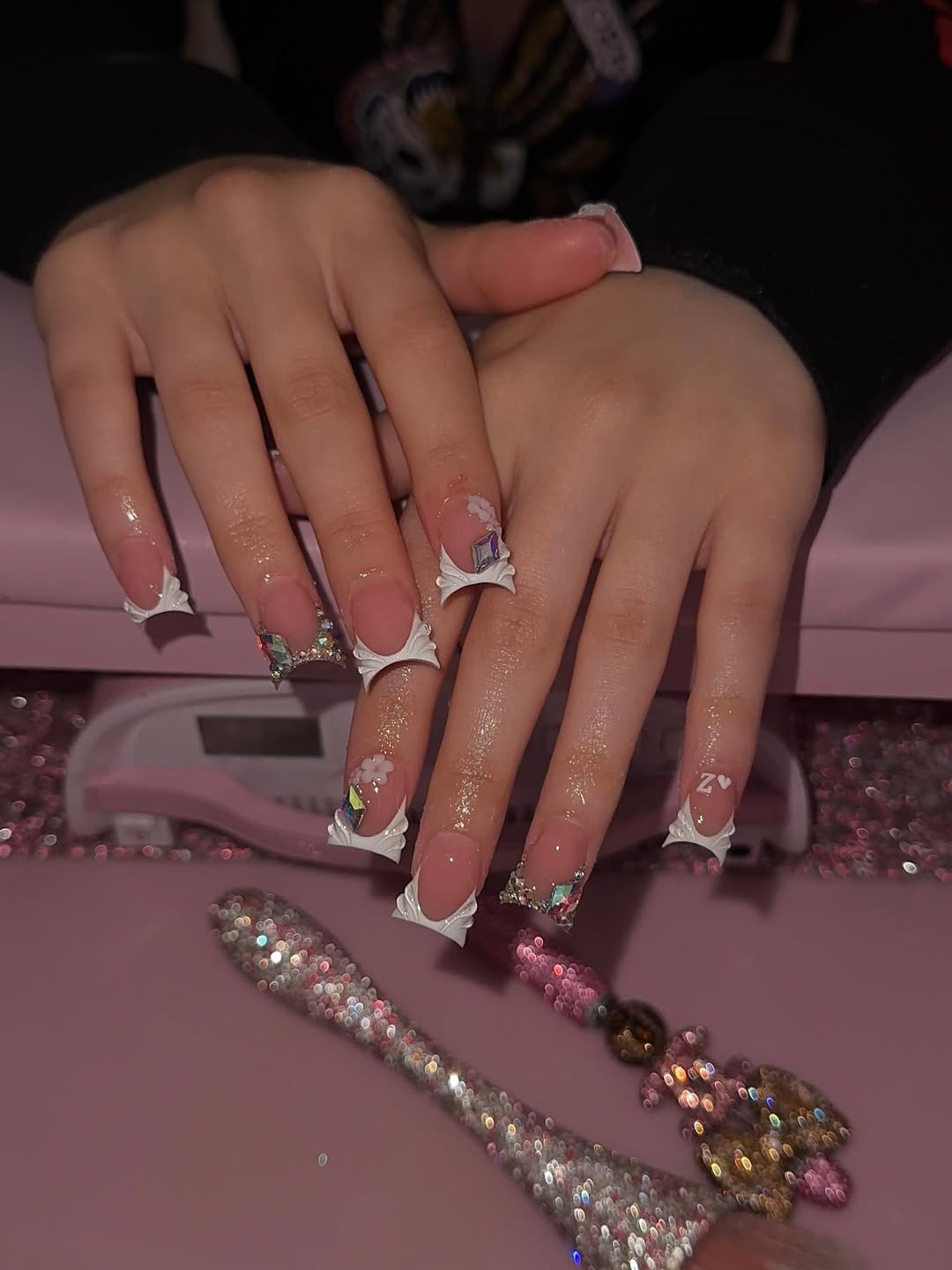White Wing and Rhinestone Square Nails