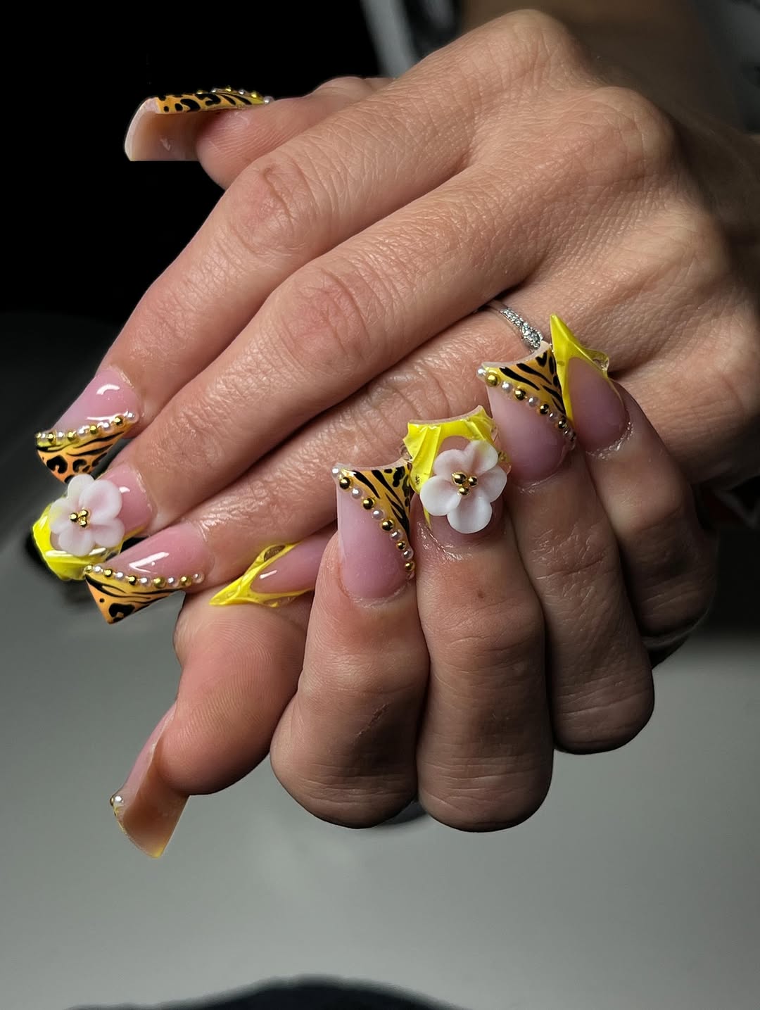 Yellow Animal Print and 3D White Flowers