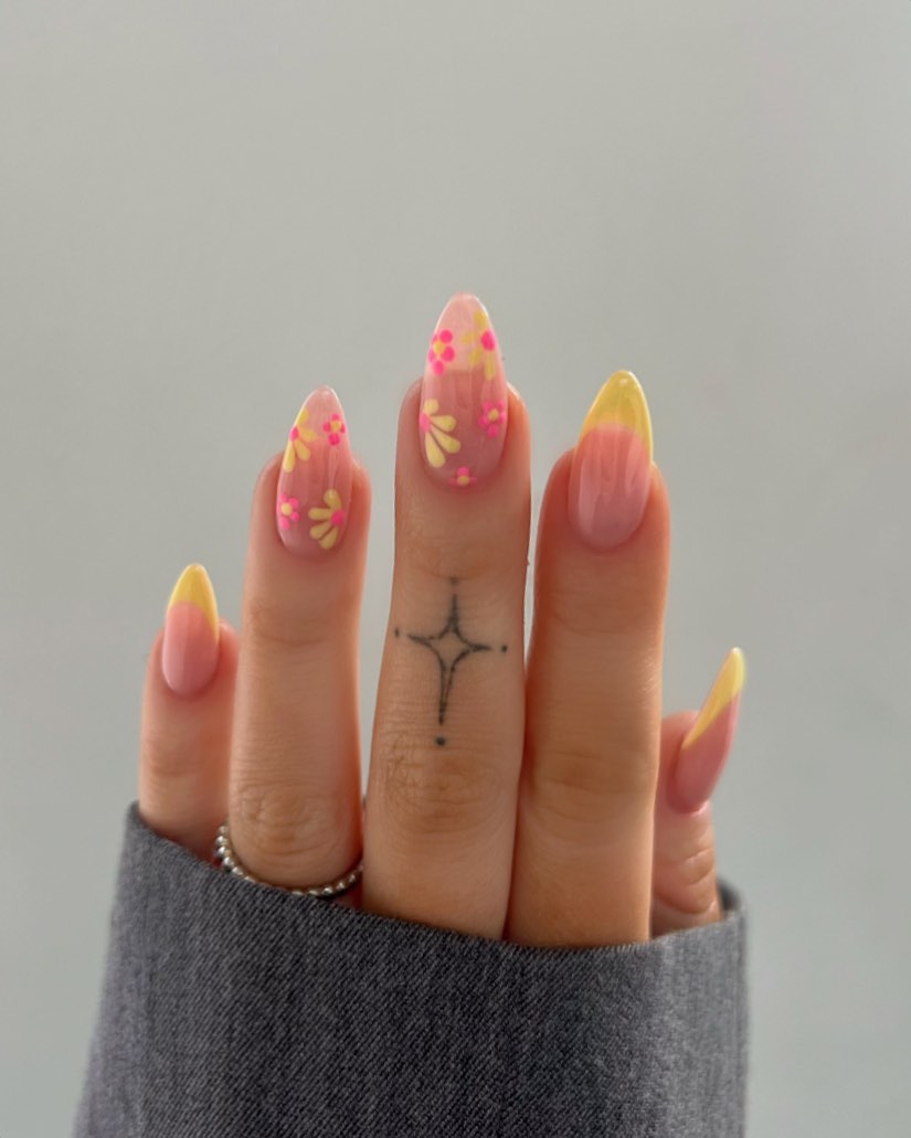 Yellow French Tips and Floral Accents
