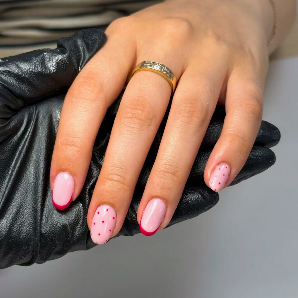 Light Pink and Magenta Dotted French Nails