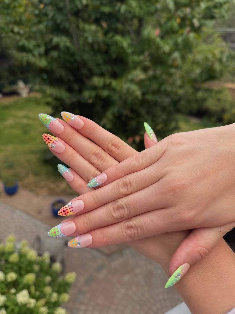 Confetti Color French Tips With Tiny Gem Accents