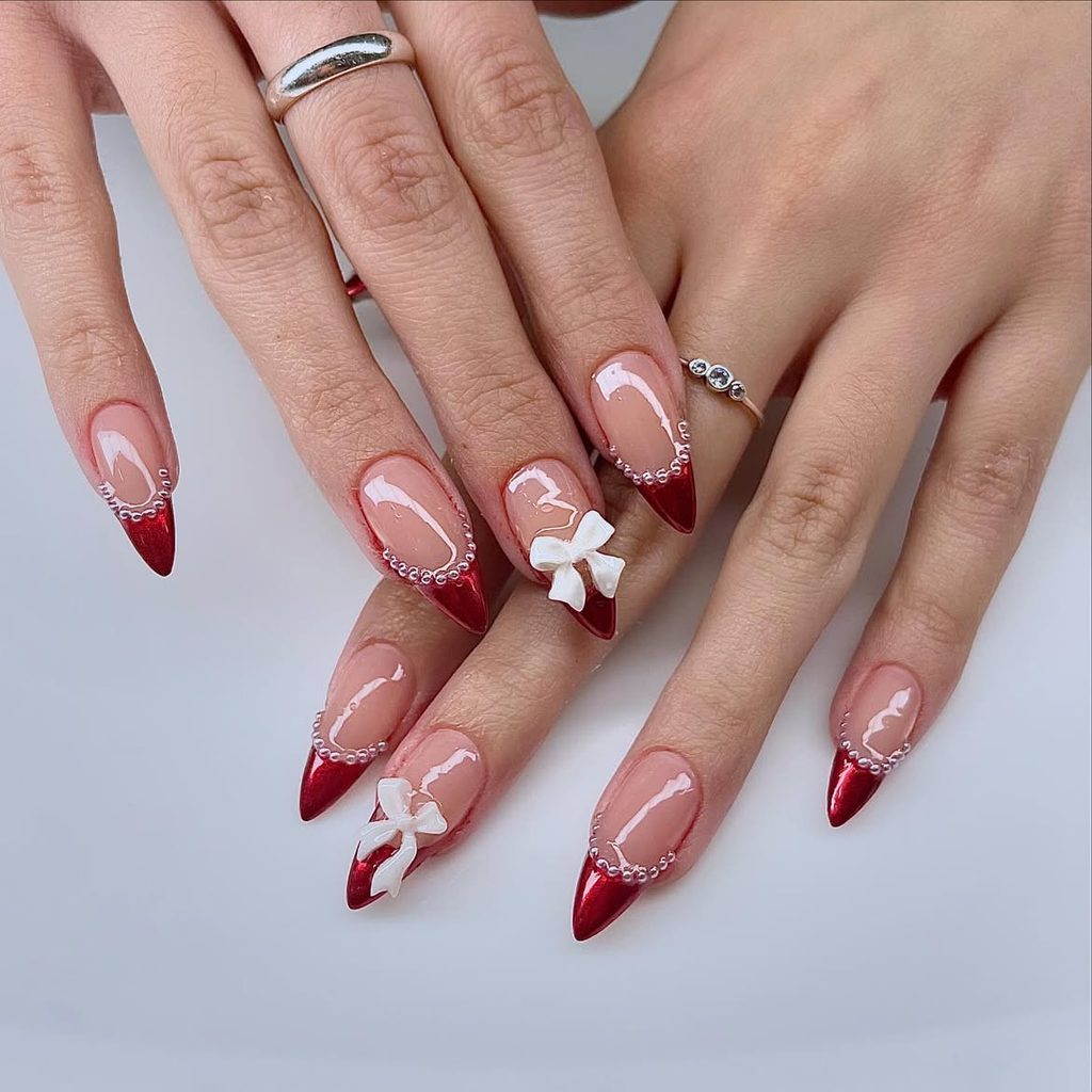Burgundy Chrome French Tips With Pearl Bow Accents