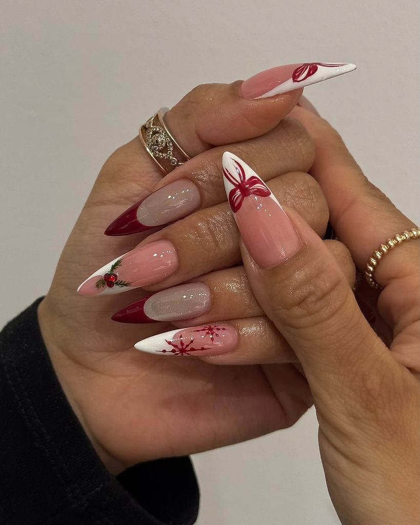 Red Bow and Holly Accent Long Christmas Nails