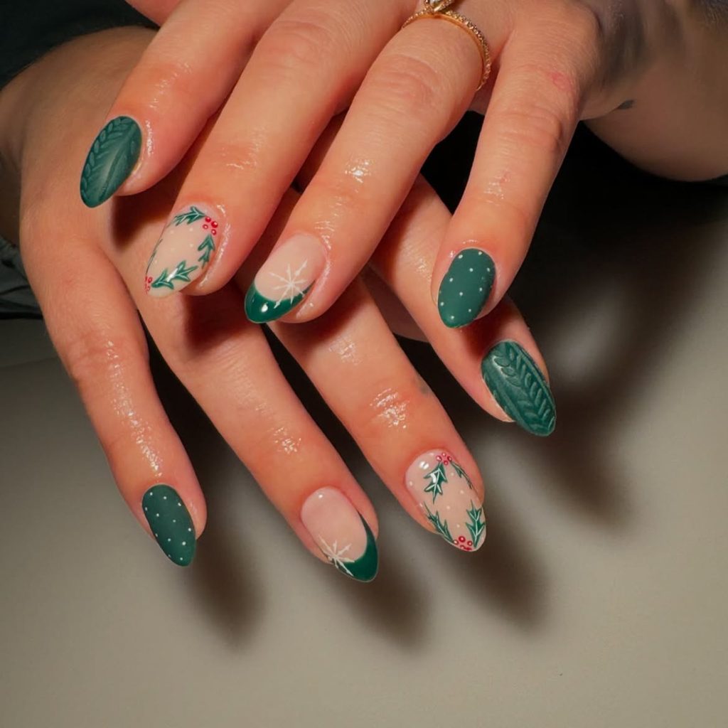 Green Sweater Christmas Nails With Holly Berries